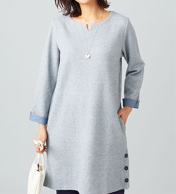 BELLUNA（ベルーナ）の「ボタン使いボーダージャカードワンピース（その他ワンピース）」｜杢グレー