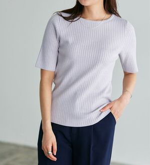 Pierrot（ピエロ）の「【洗濯機で洗える】ネックが選べるシルクタッチ半袖リブニット（ニット・セーター）」｜アイスラベンダーグレー