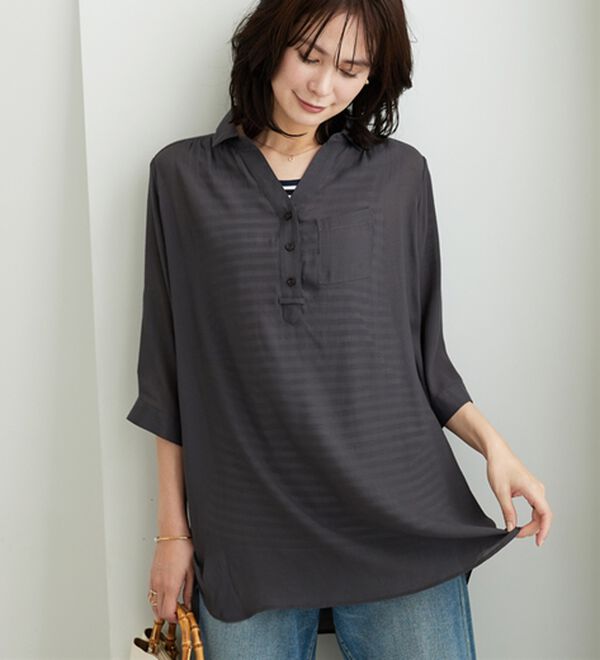 BELLUNA（ベルーナ）の「【シャツ+インナーのセット】スラブ素材ボタン使い裾タックシャツアンサンブル（アンサンブル）」｜詳細画像