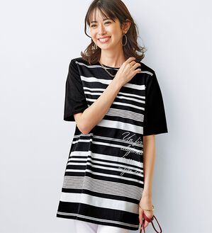 BELLUNA（ベルーナ）の「綿１００％夏映えボーダー&times;ロゴチュニック（チュニック）」｜詳細画像