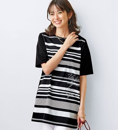 BELLUNA（ベルーナ）の「綿１００％夏映えボーダー&times;ロゴチュニック（チュニック）」