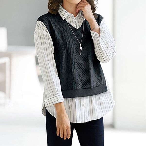 BELLUNA（ベルーナ）の「ストライプ柄シャツフェイクブラウス（ブラウス）」｜詳細画像