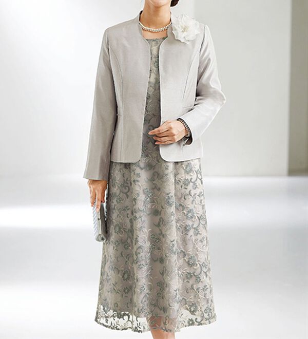 BELLUNA（ベルーナ）の「配色刺しゅうレースワンピースアンサンブル（ワンピースセットスーツ）」｜詳細画像