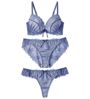 YU'NOW（ユナウ）の「【３点セット】ヌーディーレースブラ＆ショーツ＆Ｔバック（ブラジャー＆ショーツセット）」｜ブルー