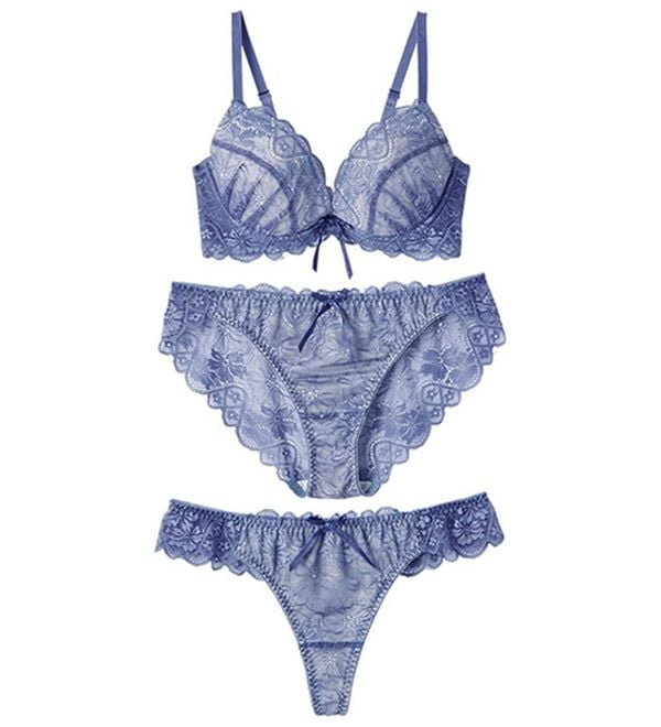 YU'NOW（ユナウ）の「【３点セット】ヌーディーレースブラ＆ショーツ＆Ｔバック（ブラジャー＆ショーツセット）」｜ブルー
