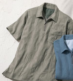 「＜コムルヴァン・オム・ゴルフ＞ジャカードデザインジップポロシャツ（メンズポロシャツ）」｜グレージュ