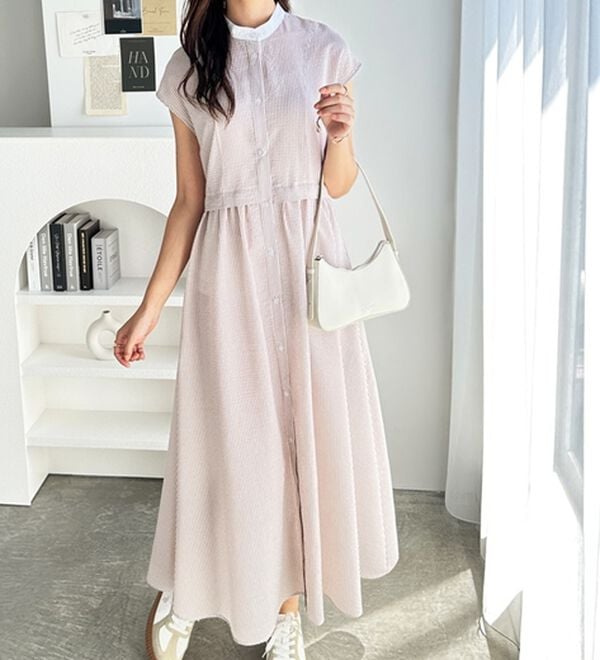 GeeRA（ジーラ）の「クレリック配色ウエストギャザーシャツワンピ―ス（シャツワンピース）」｜詳細画像