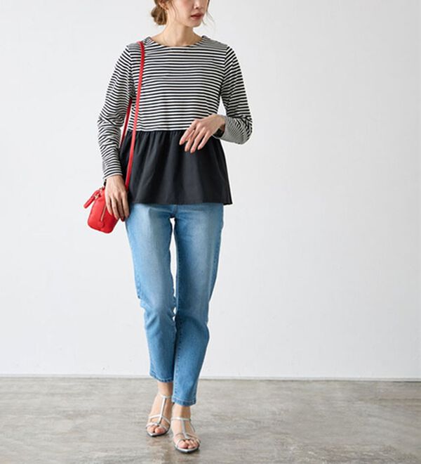 Pierrot（ピエロ）の「異素材ドッキングフリルギャザーペプラムカットソー（カットソー）」｜詳細画像