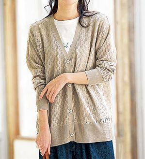 BELLUNA（ベルーナ）の「涼やかニット透かし編カーディガン（ニットカーディガン）」｜ベージュ