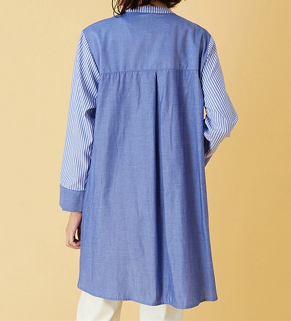 BELLUNA（ベルーナ）の「ストライプ&times;異素材切替シャツチュニック（チュニック）」｜詳細画像