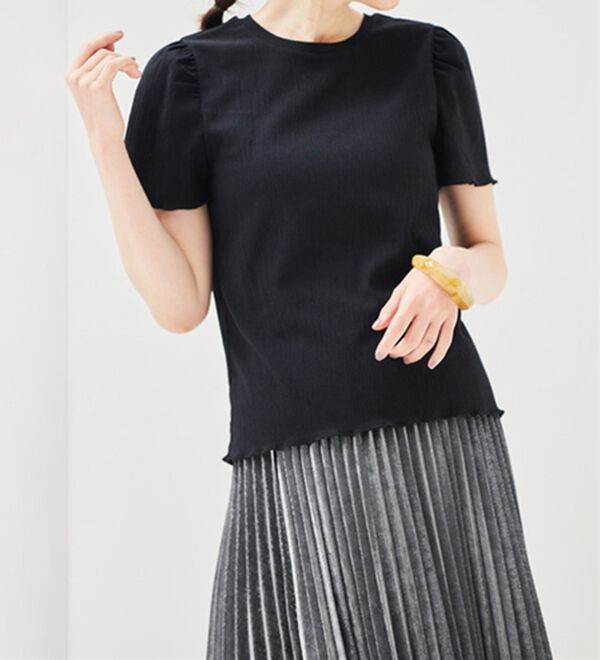 RANAN（ラナン）の「ギンガムチェック楊柳Ｔブラウス（カットソー）」｜ブラック