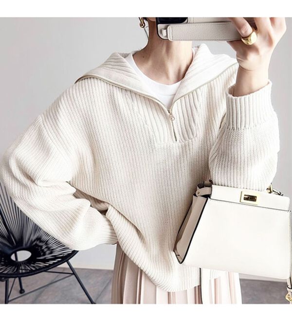 BELLUNA（ベルーナ）の「あぜ編ハーフジップニットプルオーバー（ニット・セーター）」｜詳細画像