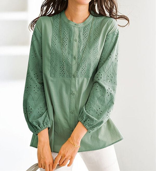 BELLUNA（ベルーナ）の「綿１００％レース切替デザインブラウス（ブラウス）」｜ミント