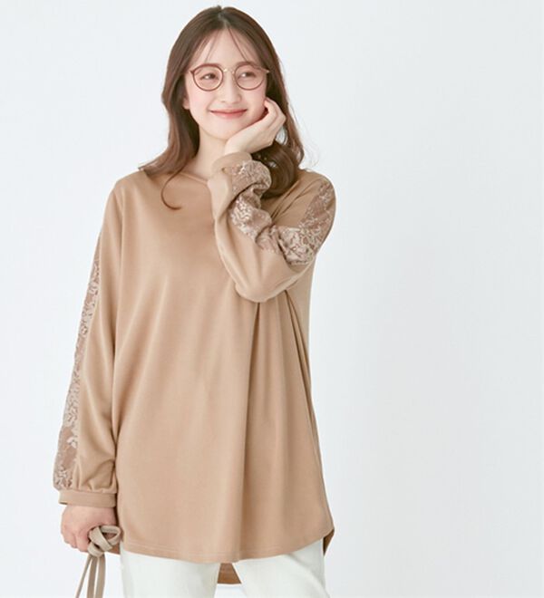 alotta（アロッタ）の「袖レース付デザインチュニック（チュニック）」｜モカ