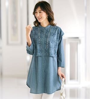 BELLUNA（ベルーナ）の「＜エレガントに体型カバー！＞刺しゅう重ねチュニック（チュニック）」｜杢ブルー