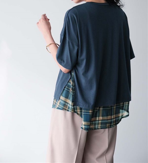 RANAN（ラナン）の「チェック柄異素材使いTシャツ（カットソー）」｜詳細画像
