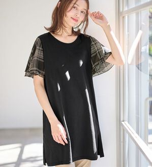 Viola e Viola（ヴィオラ エ ヴィオラ）の「【５つの機能付】ひんやり！袖シフォンゆるチュニック（チュニック）」｜ブラック系チェック