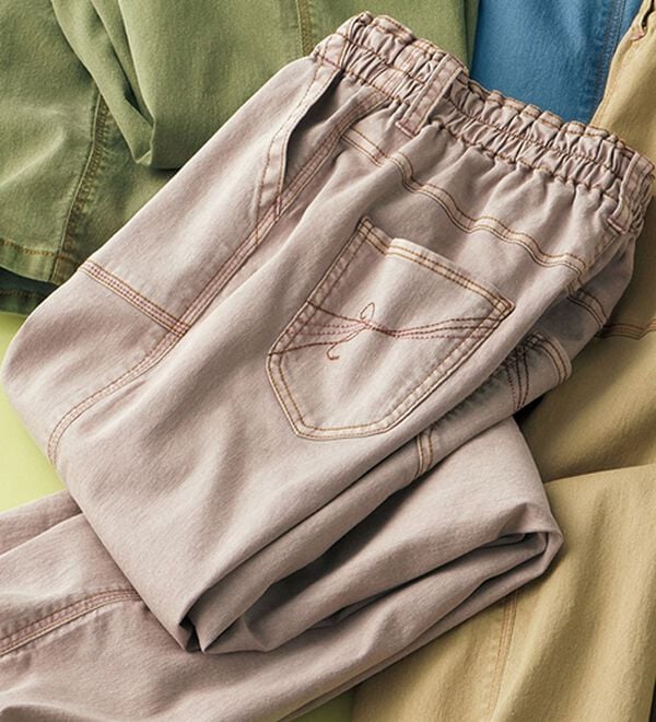 ルフラン（ルフラン）の「配色ステッチ使い柔らかカラーデニムパンツ（フルレングスパンツ）」｜ピンク