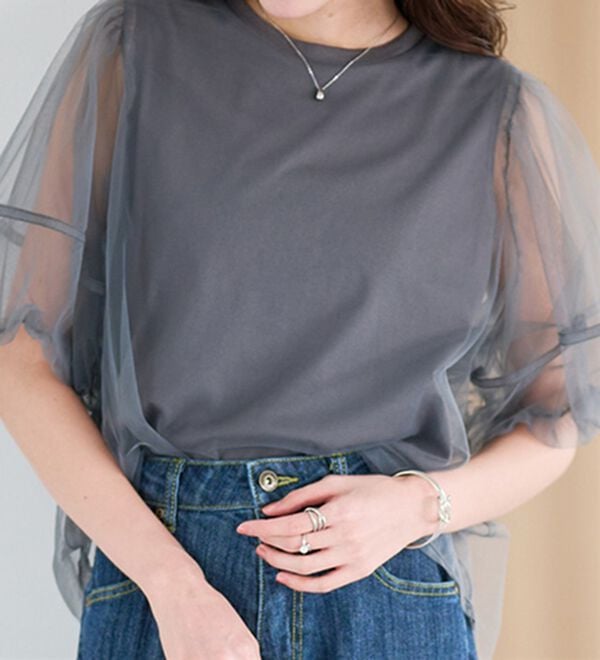 RANAN（ラナン）の「【ひんやり】チュールレイヤードパフスリーブTシャツ（カットソー）」｜詳細画像