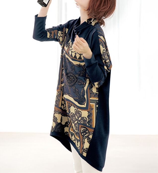 FW０４３＊秋冬物＊新品＊スヌード付き＊チュニックワンピース＊ヒョウ柄花刺繍★ゆったり＊伸縮＊サイズL～LL 期間限定：1089円→980円！チュニック レディース 衿デザイン配色チュニック 2024秋冬 Belluna 長袖 M-5L 高評価 | ベルーナ