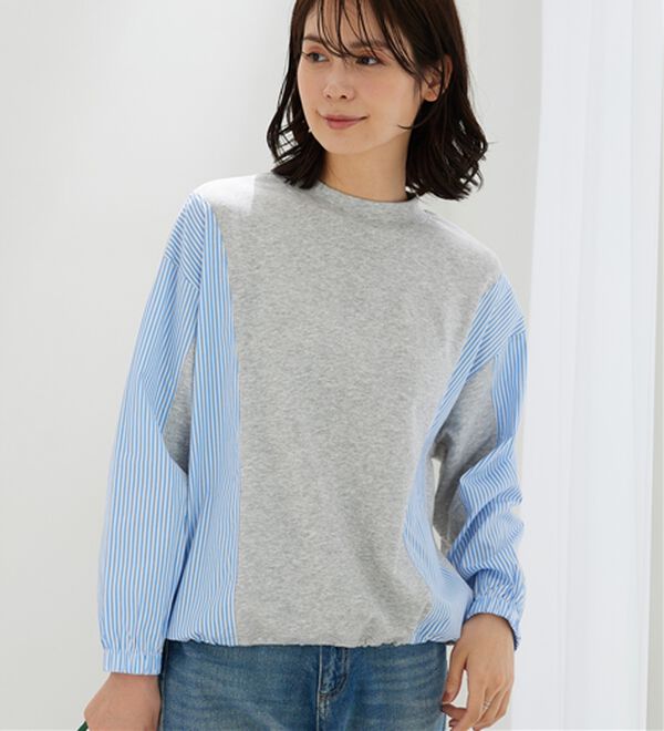 BELLUNA（ベルーナ）の「ストライプ切替デザインプルオーバー（カットソー）」｜杢グレー系