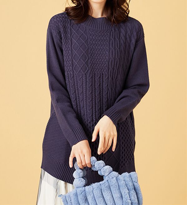 BELLUNA（ベルーナ）の「パッチワーク調ケーブルニットチュニック（チュニック）」｜詳細画像