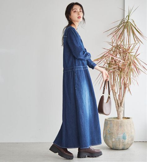 デニム ワンピース NOU ワンピース ジャンパースカート 膝下 ノースリーブ デザイン