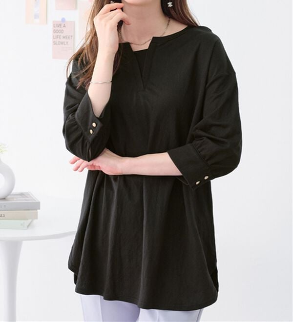 alotta（アロッタ）の「【接触冷感】６分袖衿フェイク裾ラウンドチュニック（チュニック）」｜詳細画像