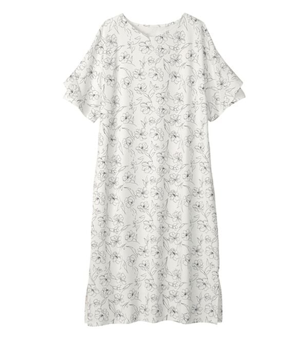 alotta（アロッタ）の「【４つの機能付】ひんやりフリル袖Ｔシャツワンピース（シャツワンピース）」｜ホワイト系花柄