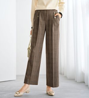BELLUNA（ベルーナ）の「サマ見えウール調ボタン使いワイドパンツ（ワイドパンツ・ガウチョ）」｜ブラウン系チェック
