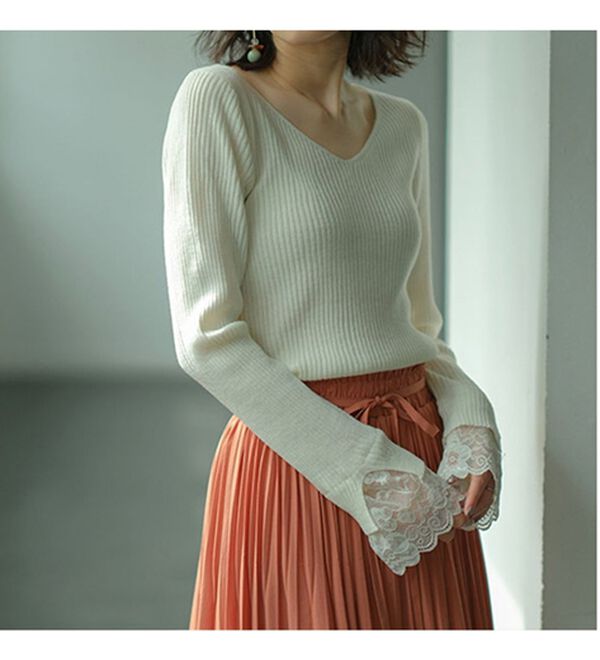 レース付Vネックリブニットトップス - ベルーナ【公式】