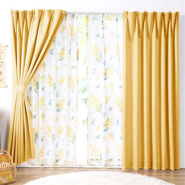 iellio（イエリオ）の「お買得カーテンセット（柄レース）＜４枚組・洗える・３級遮光・新生活・一人暮らし・引っ越し・模様替え・リーフ柄・ミモザ柄＞（ドレープカーテン）」｜ミモザイエロー(ミモザレース)