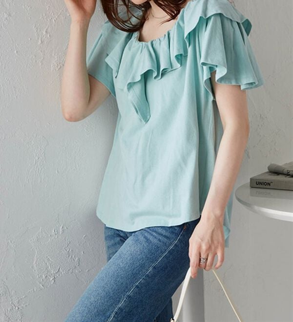 RANAN（ラナン）の「ひんやり！綿１００％フリル衿カットソープルオーバー（カットソー）」｜詳細画像