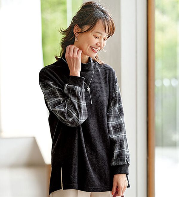 BELLUNA（ベルーナ）の「袖チェック切替デザインプルオーバー（カットソー）」｜黒系