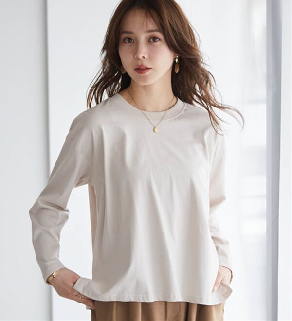 RANAN（ラナン）の「【選べる袖丈】ひんやり！＜BC＞綿100％プチハイネックＴシャツ（カットソー）」｜ライトグレー（長袖）