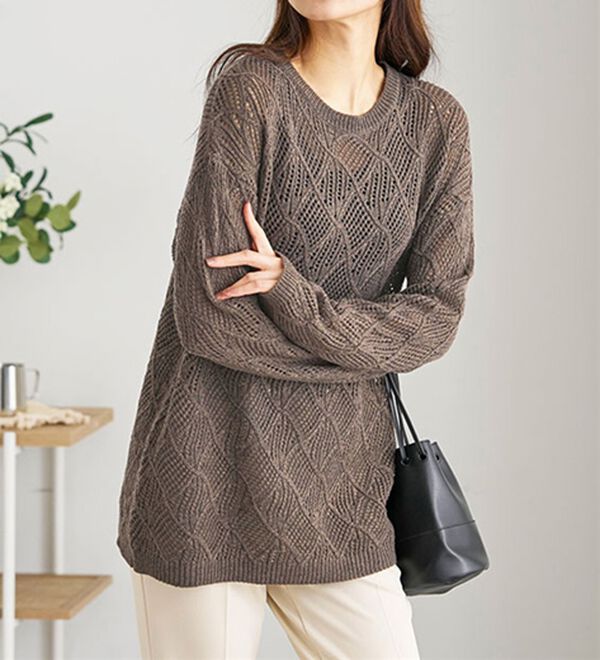 BELLUNA（ベルーナ）の「リーフ柄透かし編ニットチュニック（チュニック）」｜詳細画像