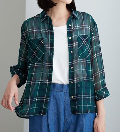 BELLUNA（ベルーナ）の「シフォン楊柳チェック柄プリントシャツ（シャツ）」
