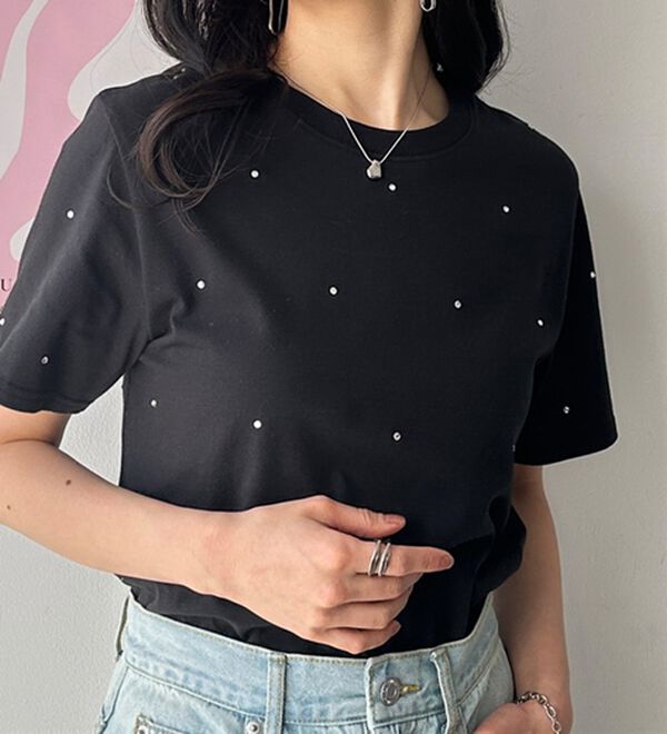 GeeRA（ジーラ）の「綿１００％ラインストーンドットＴシャツ（カットソー）」｜詳細画像