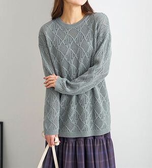 BELLUNA（ベルーナ）の「リーフ柄透かし編ニットチュニック（チュニック）」｜セージ