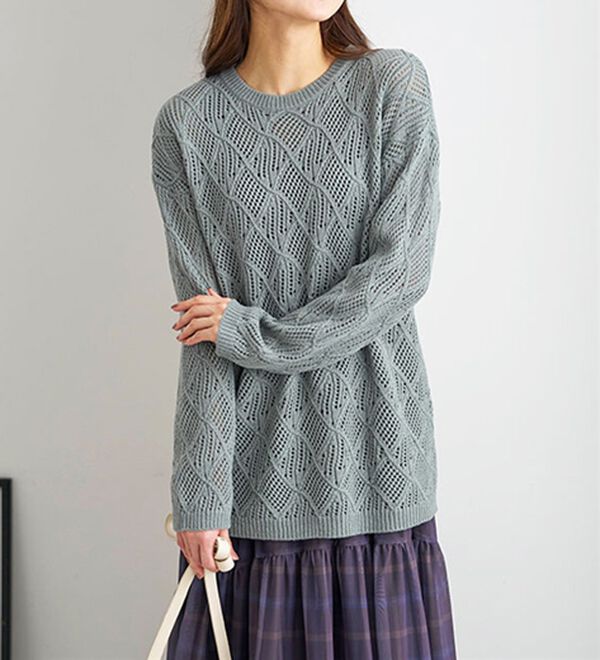 BELLUNA（ベルーナ）の「リーフ柄透かし編ニットチュニック（チュニック）」｜セージ