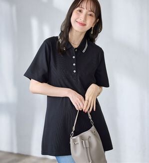 alotta（アロッタ）の「衿配色Ａライン鹿の子ポロチュニック（チュニック）」｜ネイビー