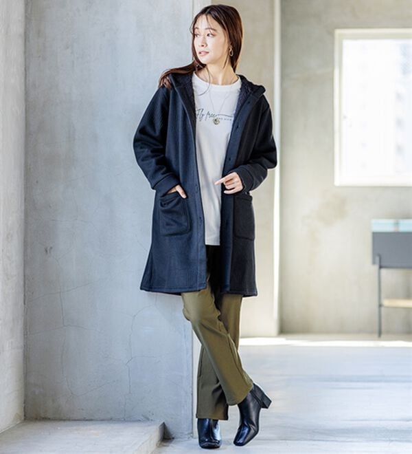 BELLUNA（ベルーナ）の「ボーダージャカード裏ボアカーディガン（ロングコート）」｜詳細画像