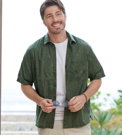 「＜ゴールデンベア＞涼やかリーフ柄オパールシャツ（メンズシャツ）」