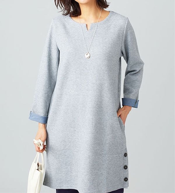 BELLUNA（ベルーナ）の「ボタン使いボーダージャカードワンピース（その他ワンピース）」｜杢グレー