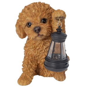 「ソーラーランプを持つ犬・猫（ガーデニング・園芸用品）」｜トイプードルブラウン
