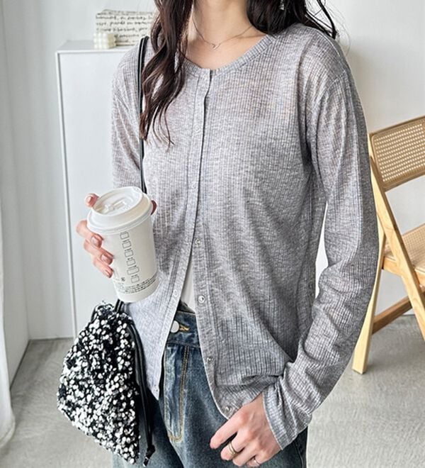 GeeRA（ジーラ）の「カーデにもなる前後２ＷＡＹシアーリブトップス（カットソー）」｜杢グレー