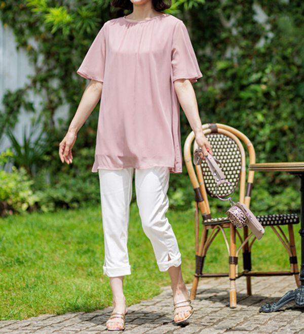 BELLUNA（ベルーナ）の「ヒンヤリ&times;サラリ速乾！綿サテンストレッチ裾リボンクロップドパンツ（クロップドパンツ）」｜詳細画像