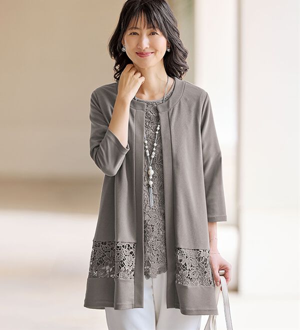 BELLUNA（ベルーナ）の「＜きちんと楽ちん！＞ケミカルレース切替アンサンブル（その他カーディガン）」｜詳細画像