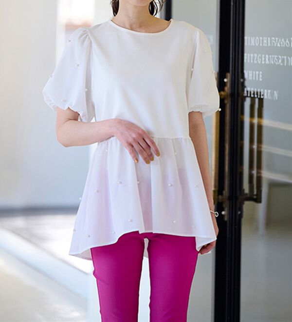 RANAN（ラナン）の「ひんやり！パール調ビーズ使いボリューム袖プルオーバー（カットソー）」｜詳細画像