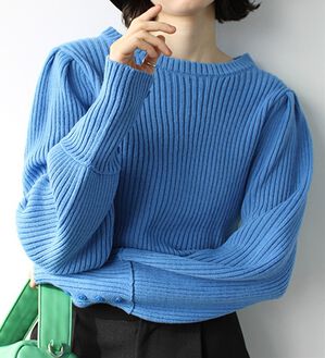 GeeRA（ジーラ）の「パフスリーブ袖ボタン着回しリブニット（ニット・セーター）」｜ブルー